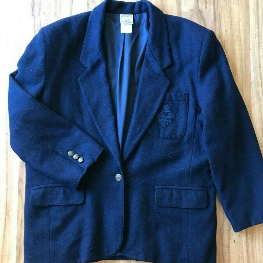 Vintage JANTZEN CLASSICS Wool Blazer Crest Bronze Buttons Shoulder Pads 14 Lined